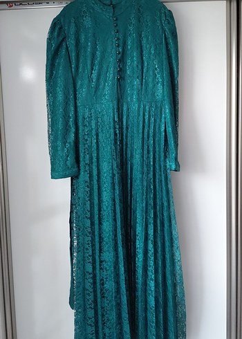 Uzun Turkuaz Pileli Kadın Elbise - Görsel 3