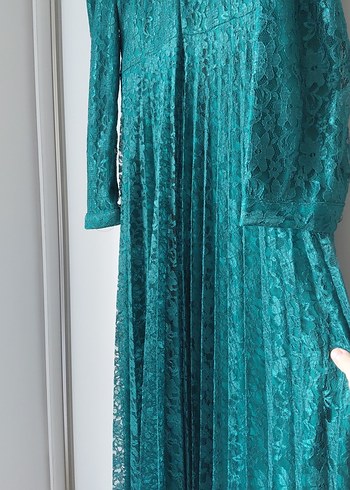 Uzun Turkuaz Pileli Kadın Elbise - Görsel 6