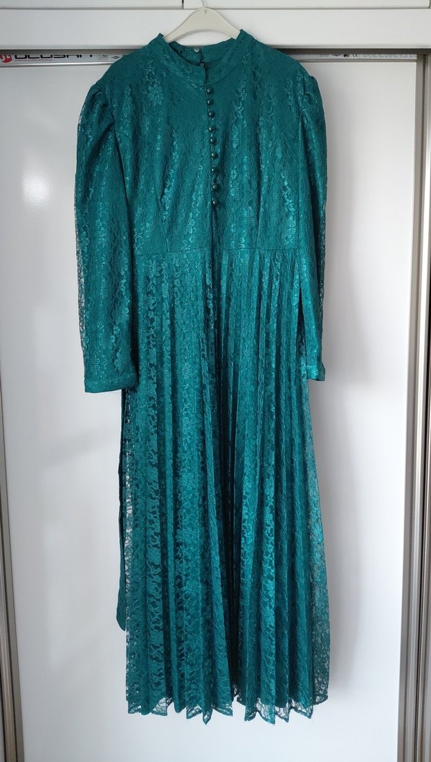 Uzun Turkuaz Pileli Kadın Elbise - Görsel 2