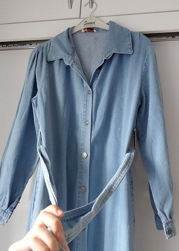 Düğmeli Mavi Uzun Denim Elbise - Görsel 4