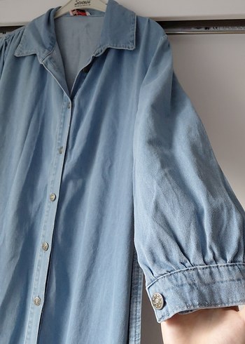 Düğmeli Mavi Uzun Denim Elbise - Görsel 5