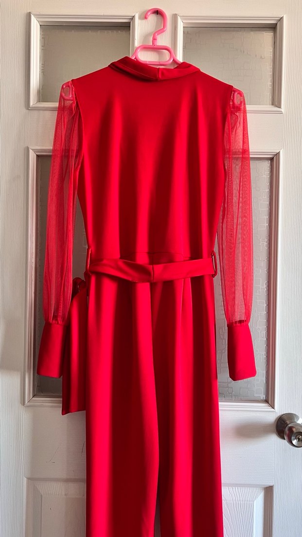 Kırmızı Uzun V Yaka Tulum - Görsel 5