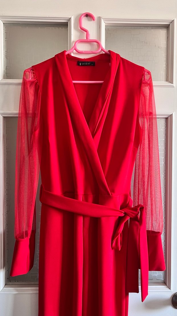 Kırmızı Uzun V Yaka Tulum - Görsel 2