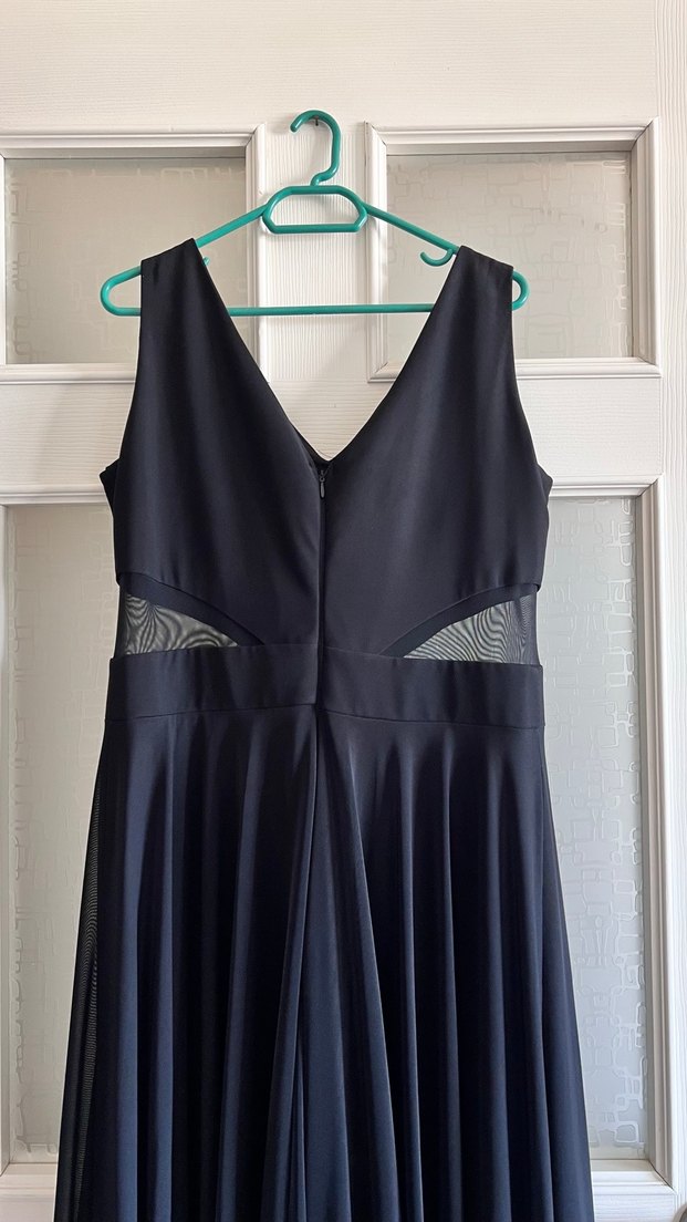 Siyah Uzun Drapeli V Yaka Kadın Abiye Elbise - Görsel 5