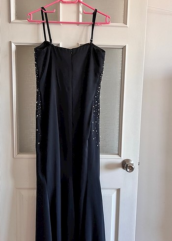 İnce Askılı Siyah Boncuk İşlemeli Uzun Abiye Elbise - Görsel 5