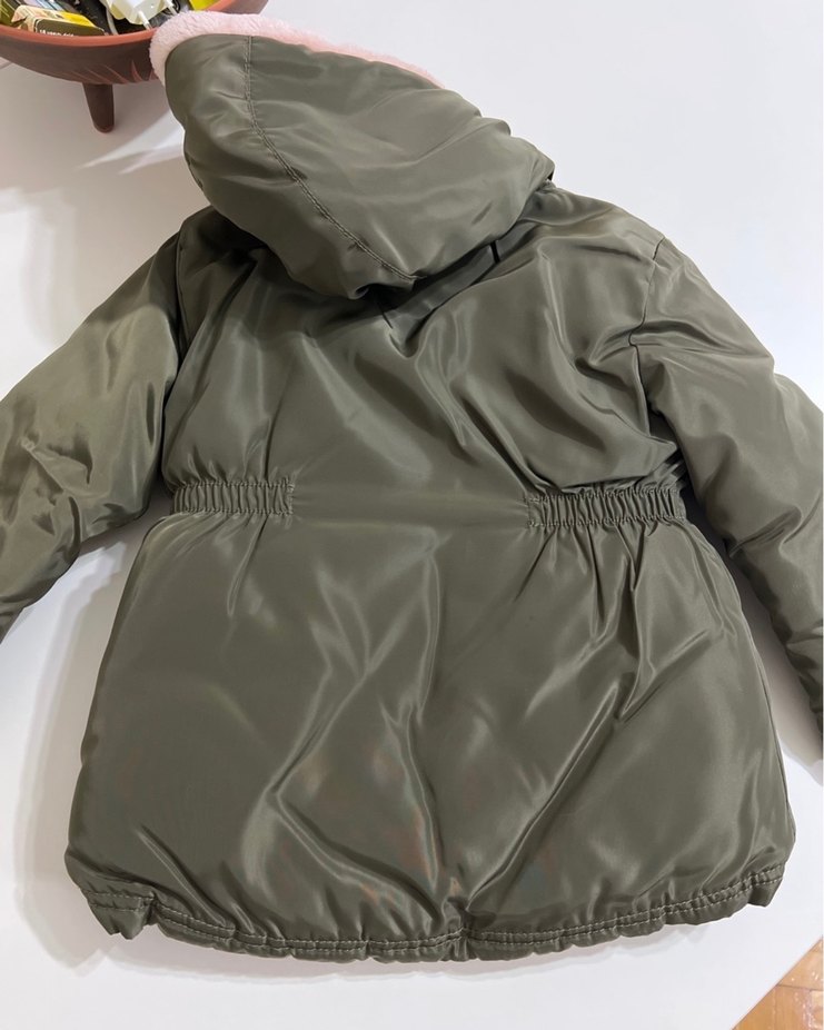 Kız Çocuk Haki Renk Kapüşonlu Kürklü Mont - Görsel 3