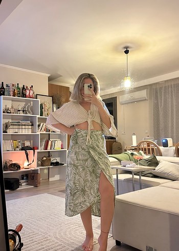 Bohem Tarzı Yeşil Uzun yırtmaçlı Etek - Görsel 2