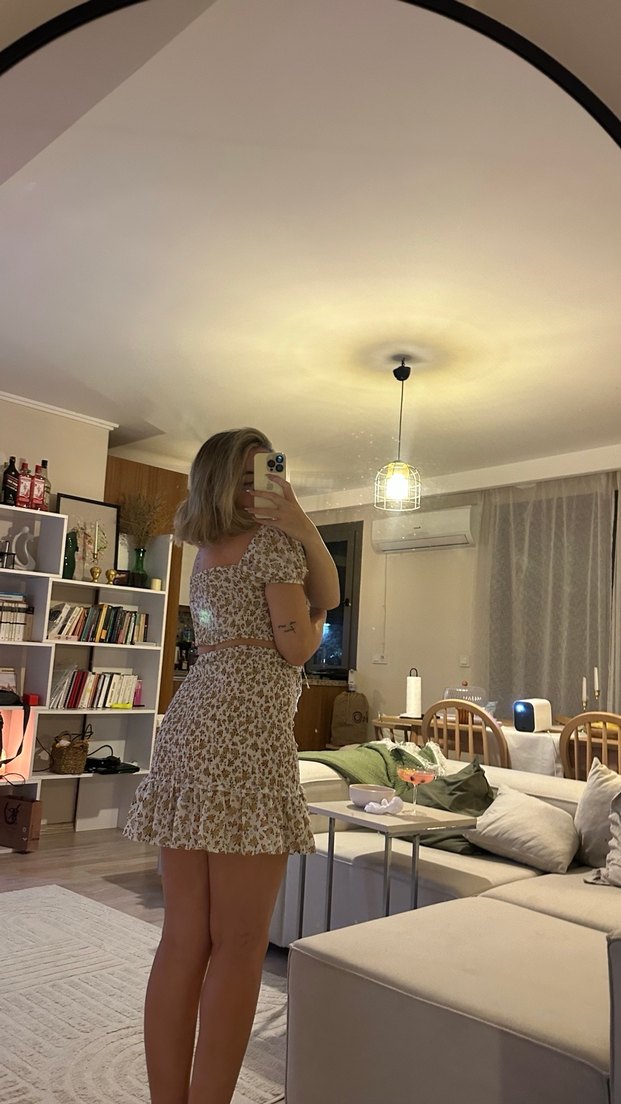 Mini Çiçek Desenli Etekli büzgülü takım - Görsel 3