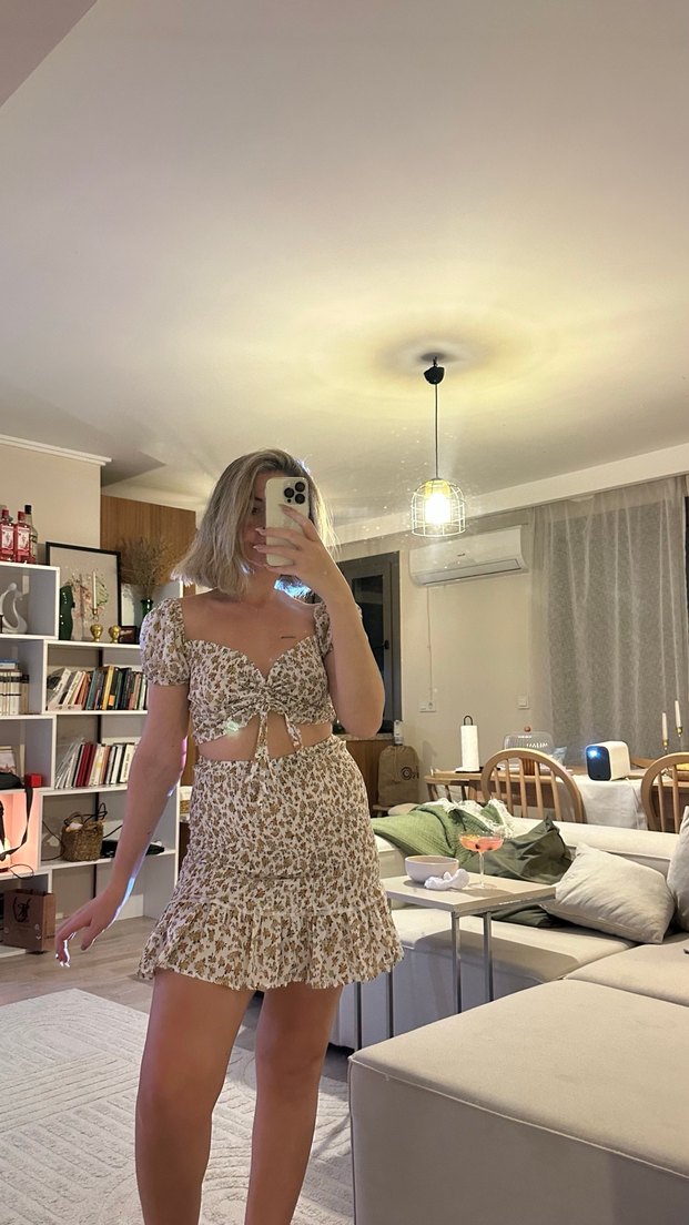 Mini Çiçek Desenli Etekli büzgülü takım - Görsel 2