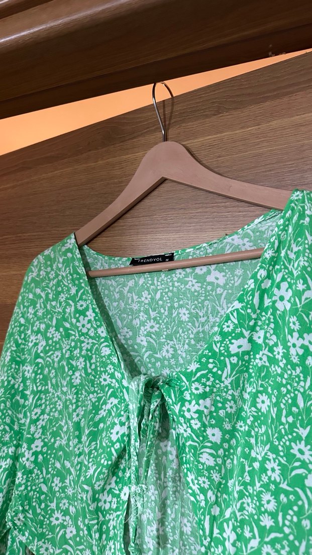 Yeşil V Yaka Mini Bohem Elbise - Görsel 4