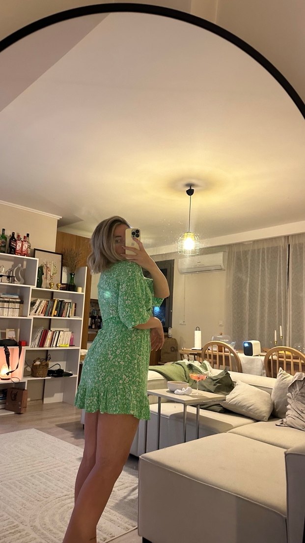 Yeşil V Yaka Mini Bohem Elbise - Görsel 3