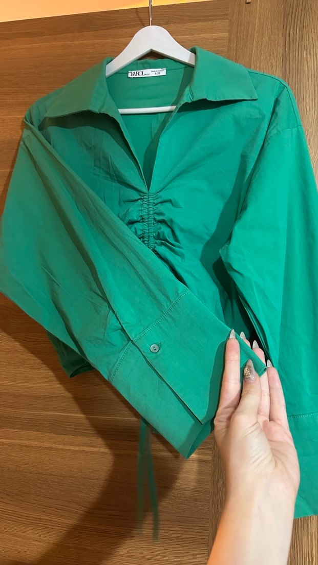 Retro Mini Yeşil Crop Gömlek - Görsel 3