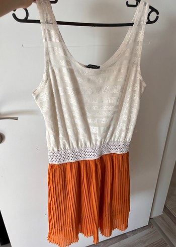 Beyaz Turuncu Pilili Bohem Elbise - Görsel 2