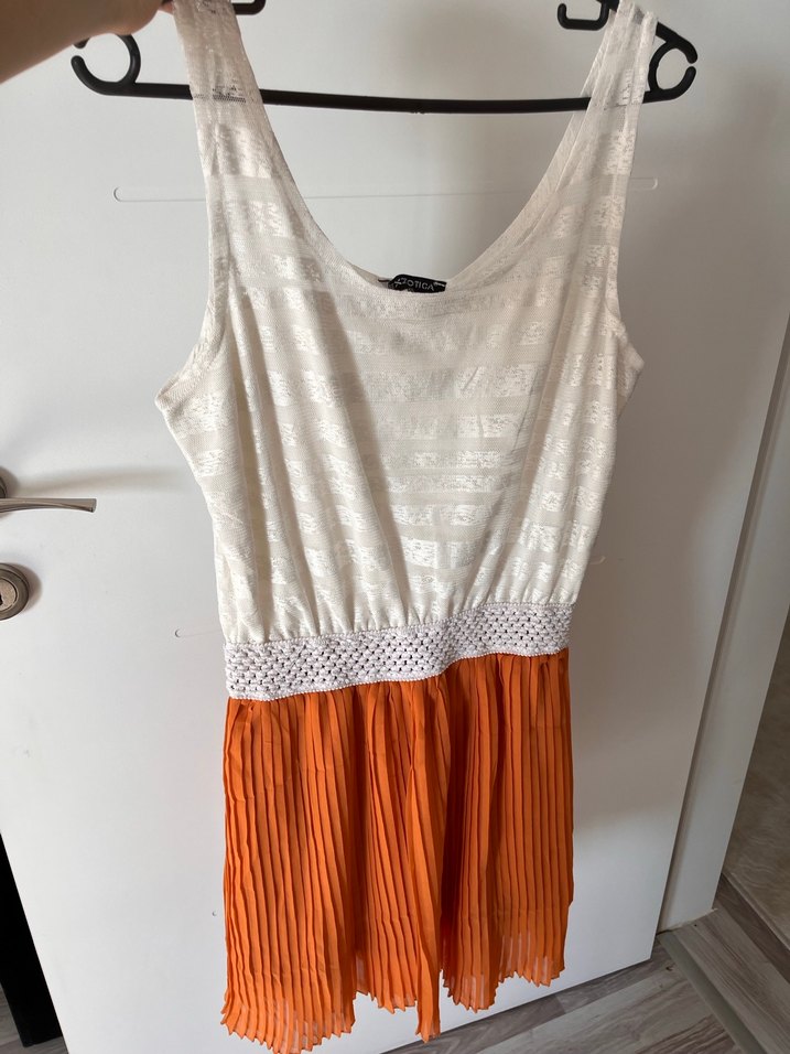 Beyaz Turuncu Pilili Bohem Elbise - Görsel 2