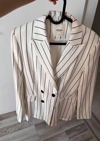 Kadın Beyaz Çizgili Pamuklu Blazer Ceket - Görsel 4