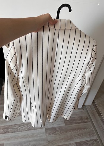 Kadın Beyaz Çizgili Pamuklu Blazer Ceket - Görsel 3