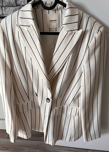 Kadın Beyaz Çizgili Pamuklu Blazer Ceket - Görsel 2