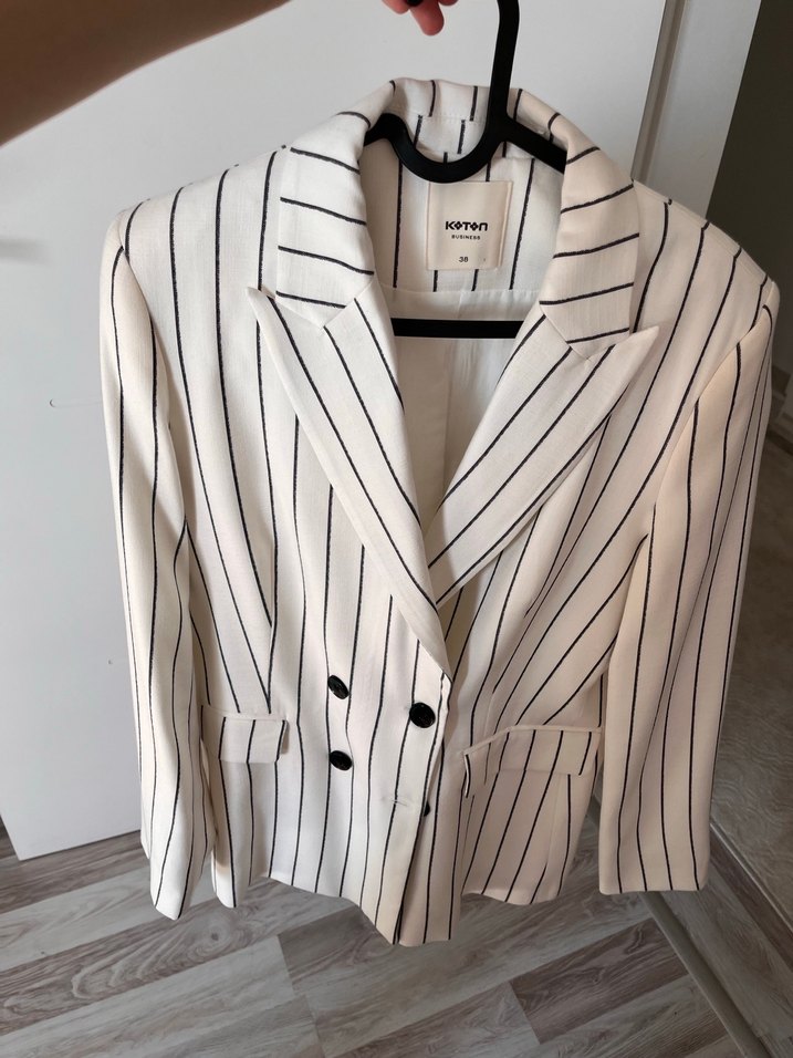 Kadın Beyaz Çizgili Pamuklu Blazer Ceket - Görsel 4
