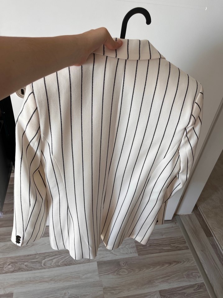 Kadın Beyaz Çizgili Pamuklu Blazer Ceket - Görsel 3