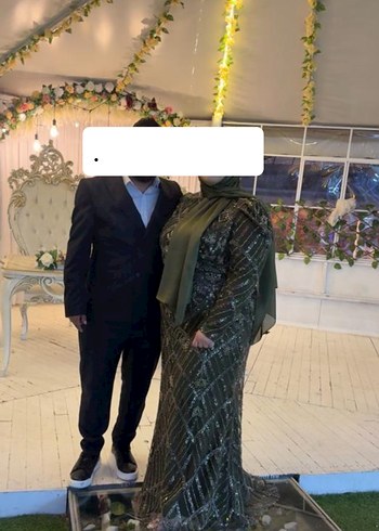 Drapeli, Uzun Kollu, Haki Renkli Abiye Elbise