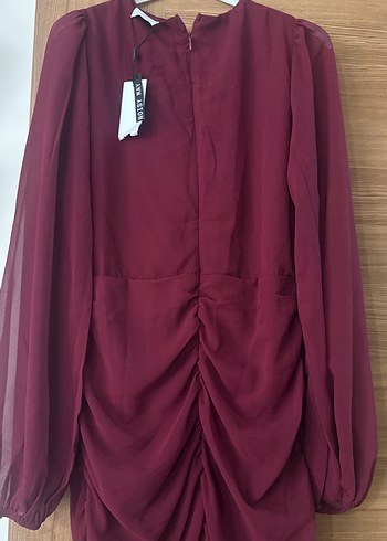 Bordo V Yaka Midi Drapeli Kadın Elbise - Görsel 5