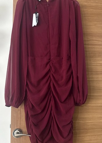 Bordo V Yaka Midi Drapeli Kadın Elbise - Görsel 6