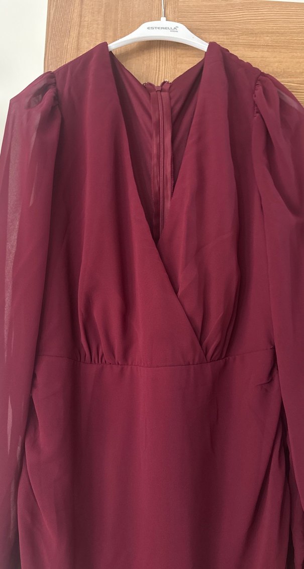 Bordo V Yaka Midi Drapeli Kadın Elbise - Görsel 2