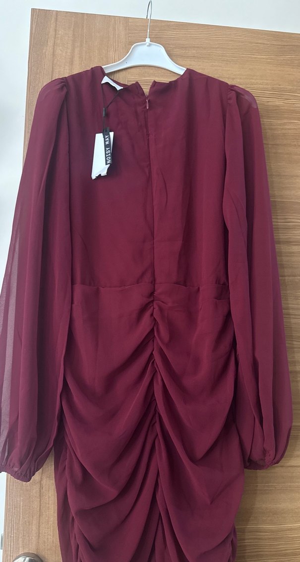 Bordo V Yaka Midi Drapeli Kadın Elbise - Görsel 5