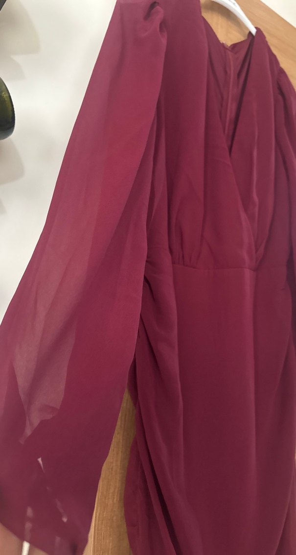 Bordo V Yaka Midi Drapeli Kadın Elbise - Görsel 3