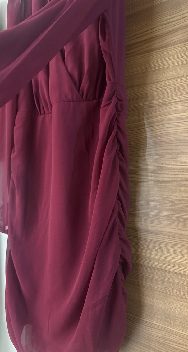 Bordo V Yaka Midi Drapeli Kadın Elbise - Görsel 4