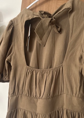 Bej Keten Midi Elbise, Kısa Kollu, Salaş Kesim - Görsel 6