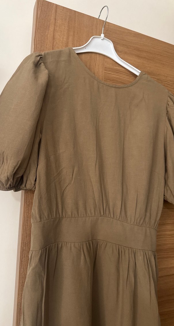 Bej Keten Midi Elbise, Kısa Kollu, Salaş Kesim - Görsel 2