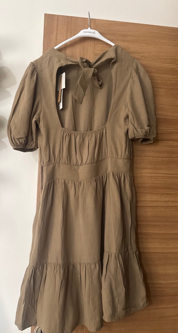 Bej Keten Midi Elbise, Kısa Kollu, Salaş Kesim - Görsel 5