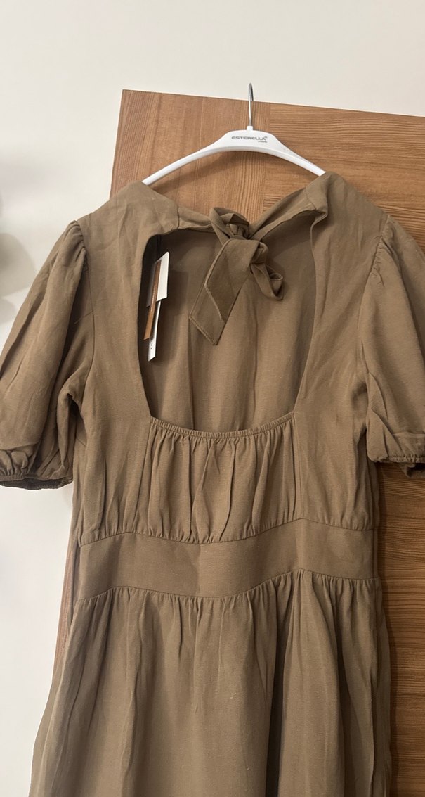 Bej Keten Midi Elbise, Kısa Kollu, Salaş Kesim - Görsel 4