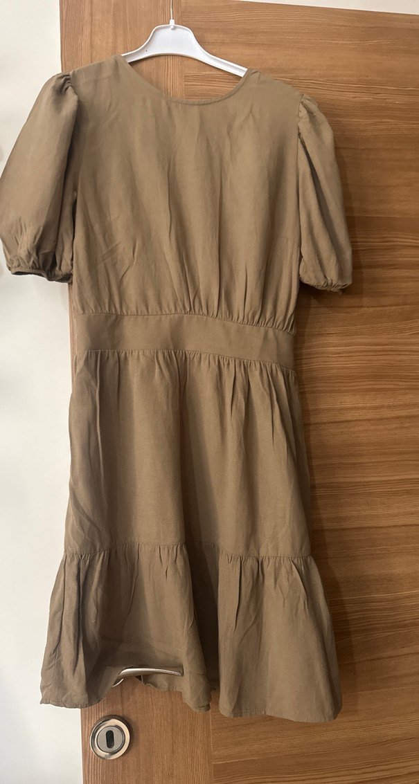 Bej Keten Midi Elbise, Kısa Kollu, Salaş Kesim - Görsel 3