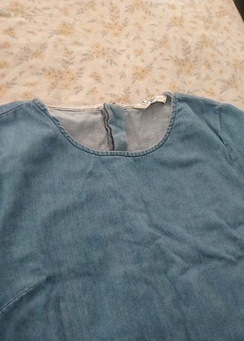 38 Beden Mavi Denim Midi Elbise, Kısa Kollu, Salaş Kesim