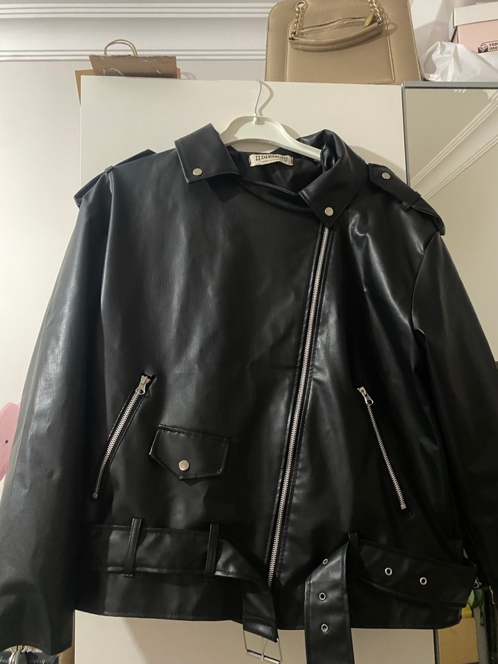 Kadın Siyah Deri Biker Ceket - Görsel 4