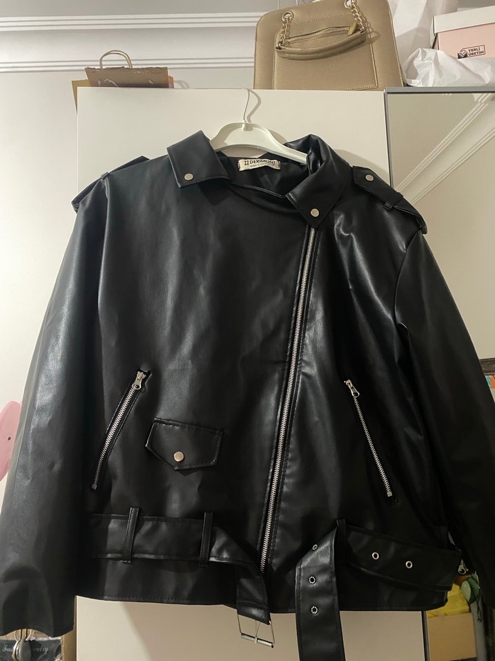 Kadın Siyah Deri Biker Ceket - Görsel 2