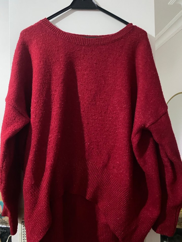 Kırmızı Örgü Yün Kadın Kazak - Görsel 2