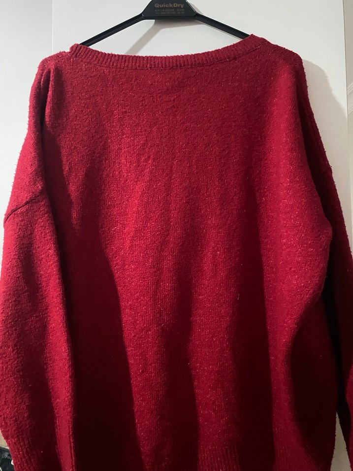 Kırmızı Örgü Yün Kadın Kazak - Görsel 4