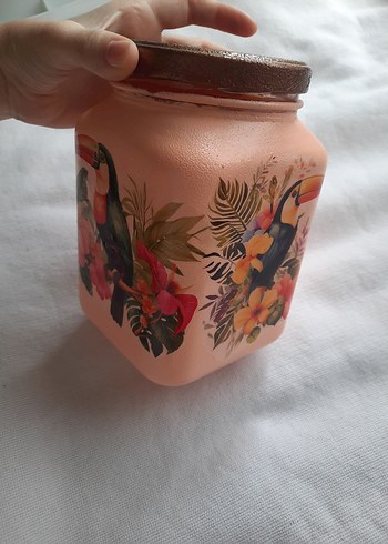 Pembe Pastel Kuş Desenli Cam Kavanoz - Görsel 2