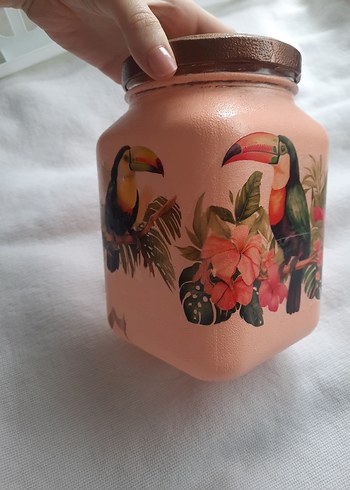 Pembe Pastel Kuş Desenli Cam Kavanoz - Görsel 3