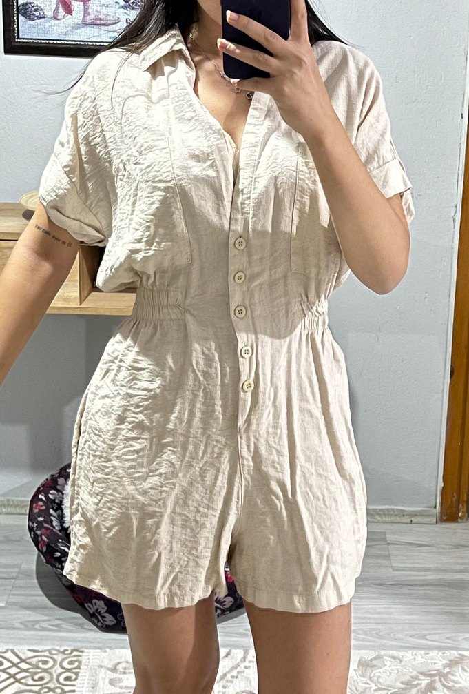 Bej Keten Düğmeli Kadın Tulum - Görsel 2