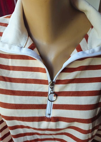 s Beden Kahverengi Çizgili Fermuarlı Sweatshirt
