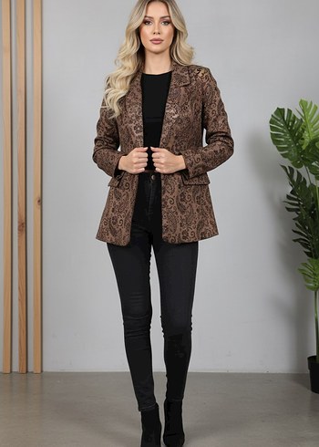 Düğmeli Kahverengi Yılan Derisi Desenli Deri Blazer