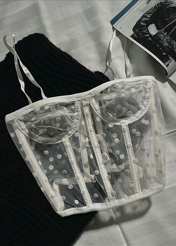 Dantel Detaylı Beyaz Puantiyeli Bustiyer - Görsel 3