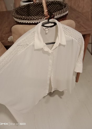 l Beden Beyaz Mini Düğmeli Kısa Kollu Kadın şifon gömlek