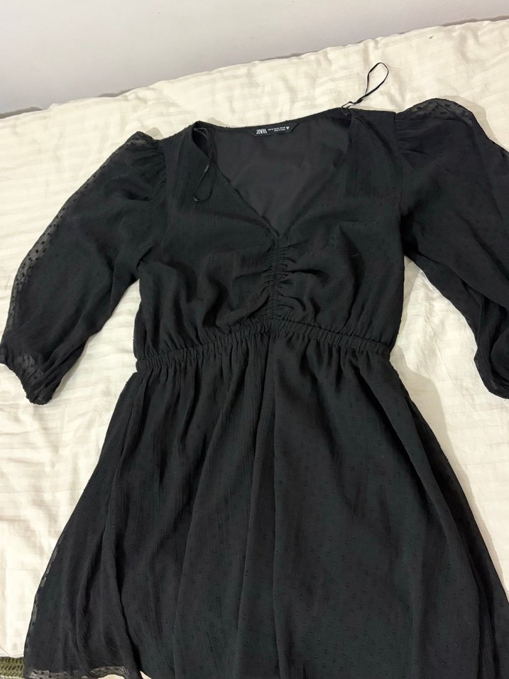 V Yaka Siyah Mini Puantiyeli Elbise - Görsel 4