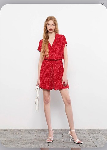 Kırmızı Puantiyeli Mini Rahat Elbise - Görsel 2
