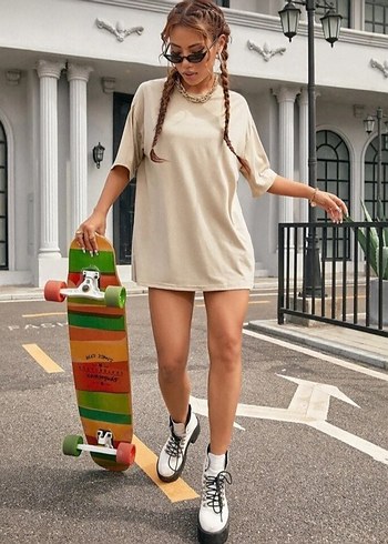 Kadın Camel Renk Mini Oversize Tişört